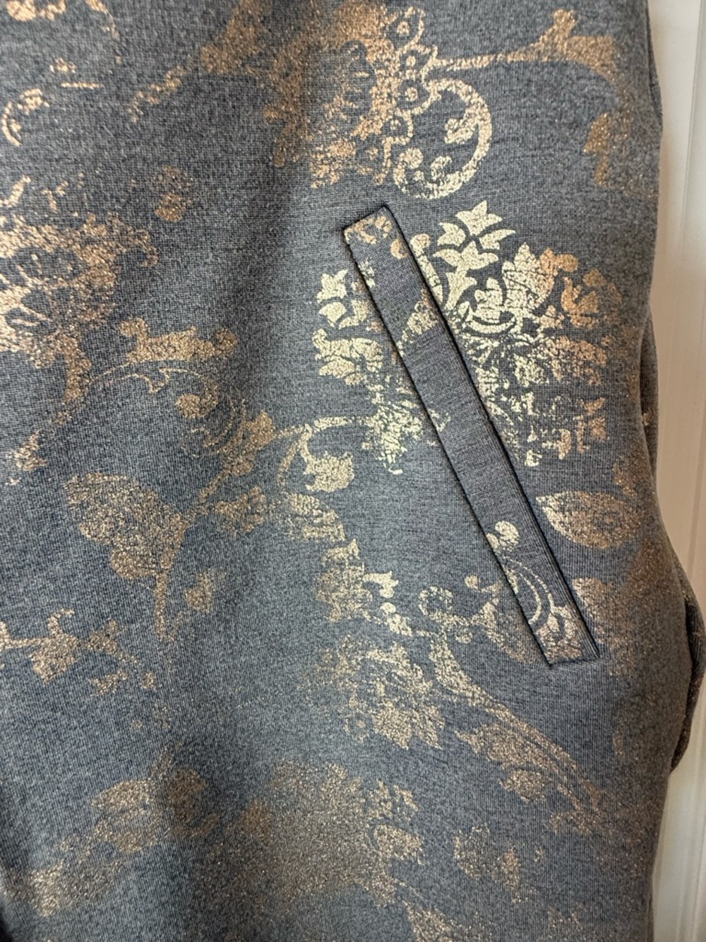 Chico's Gray pants with Gold Metallic Scroll Pattern - Picture 3 of 10